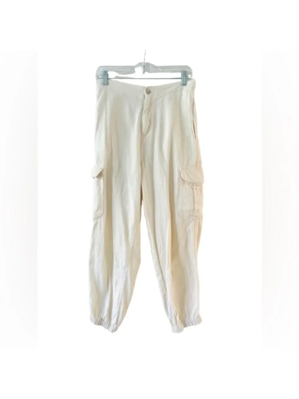 Zara Linen Cargo Jogger Pants In Cream Size 6